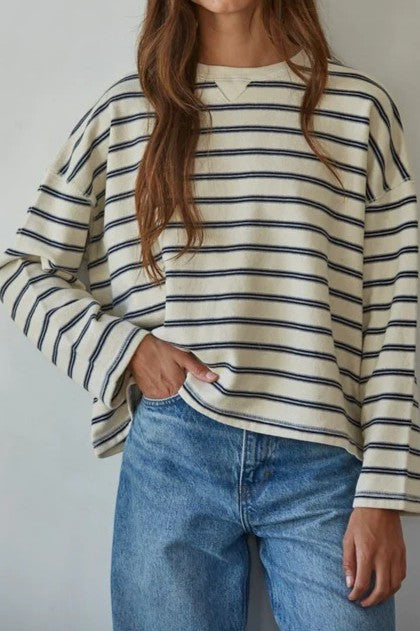 Cream & Navy Striped Oversized Long-Sleeve Top