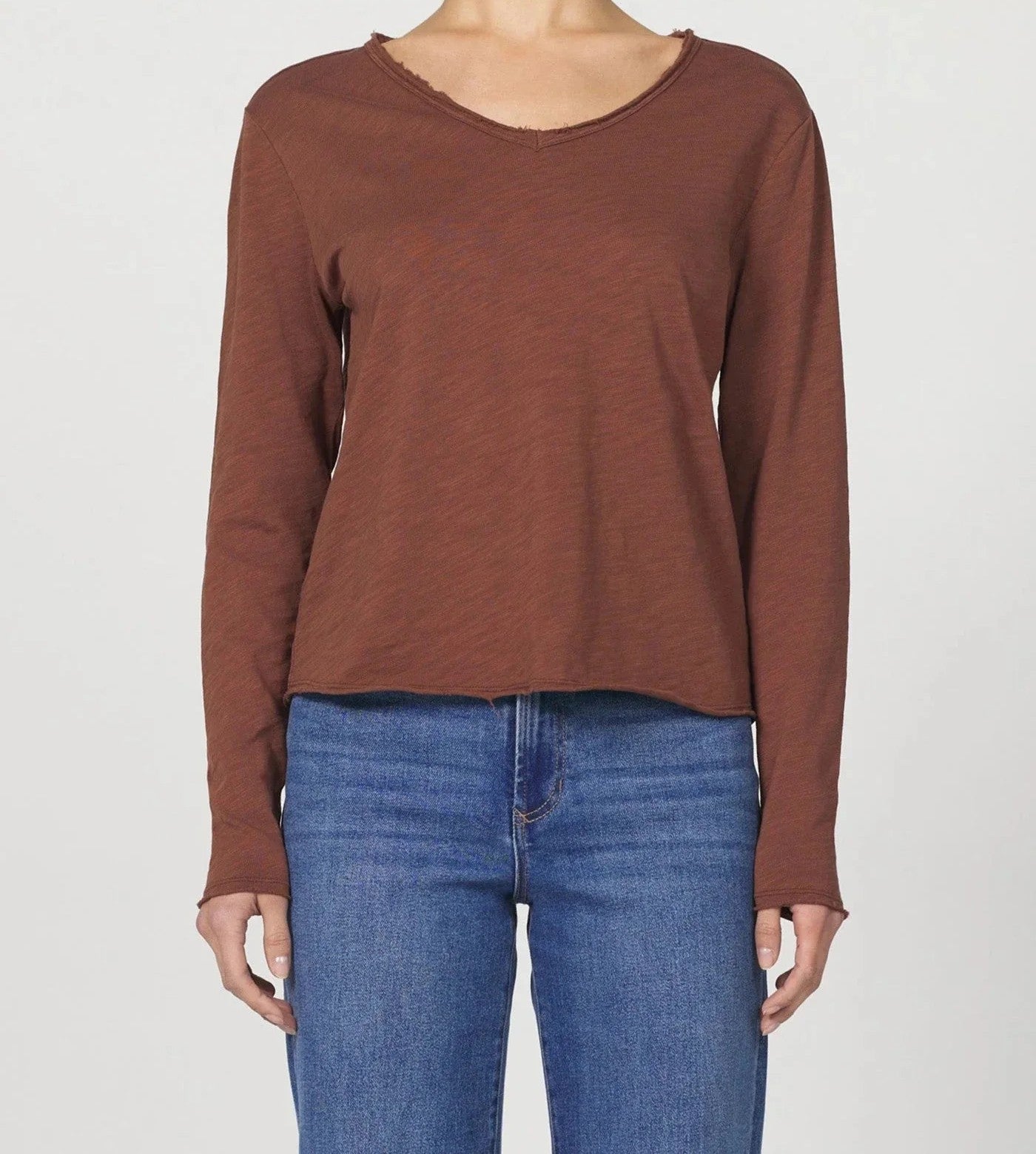Rust Frayed-Edge V-Neck Long-Sleeve Top
