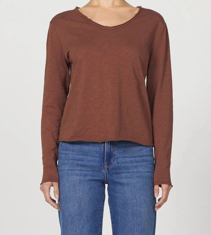 Rust Frayed-Edge V-Neck Long-Sleeve Top