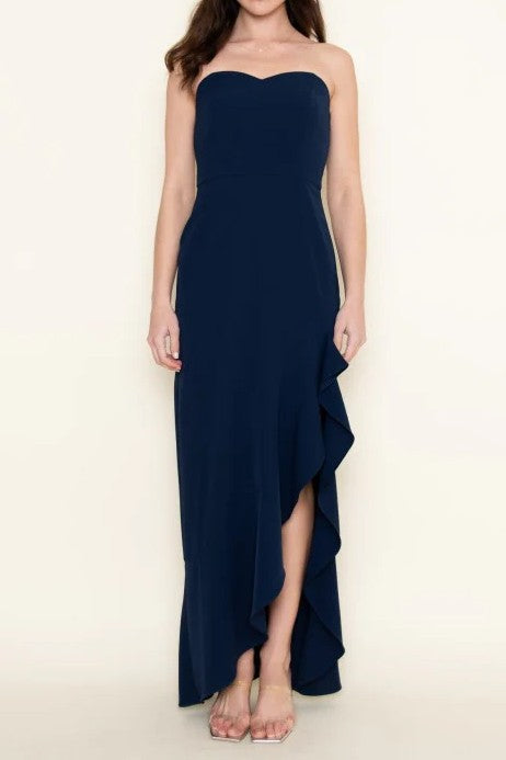 Navy Strapless Sweetheart Ruffled High-Low Gown