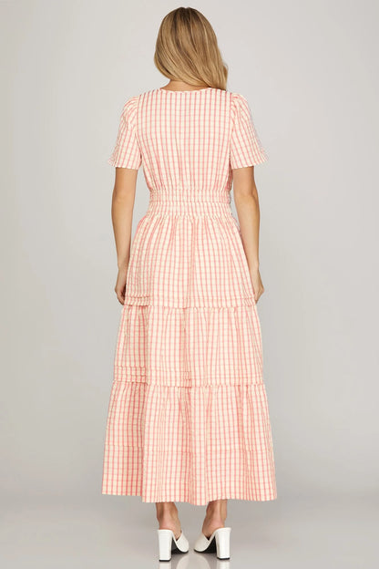 Coral Gingham Smocked-Waist Tiered Maxi Dress