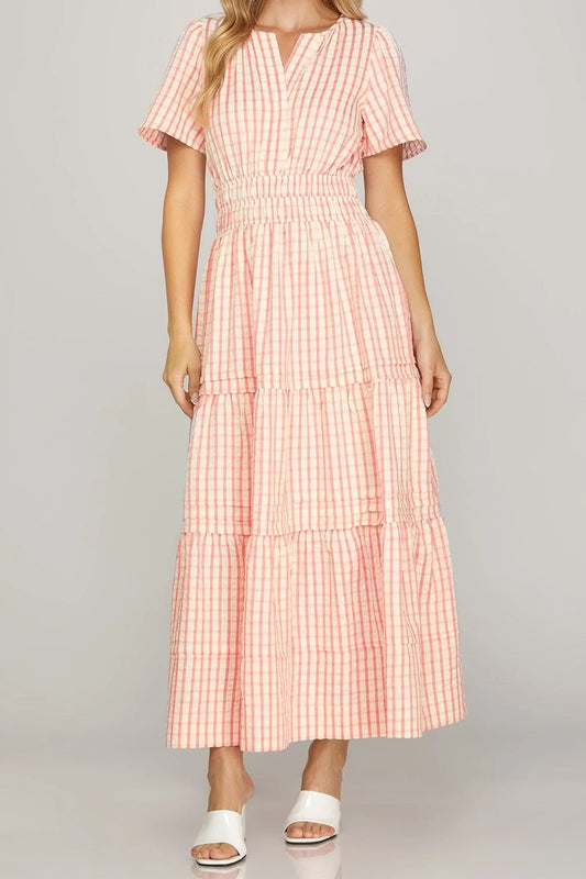 Coral Gingham Smocked-Waist Tiered Maxi Dress