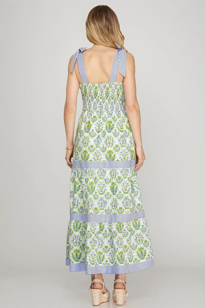 Floral-Print Tie-Strap Tiered Maxi Dress with Stripe Accents