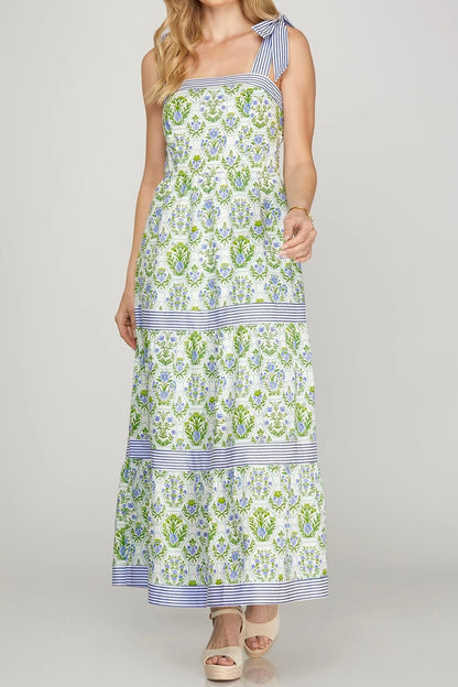 Floral-Print Tie-Strap Tiered Maxi Dress with Stripe Accents