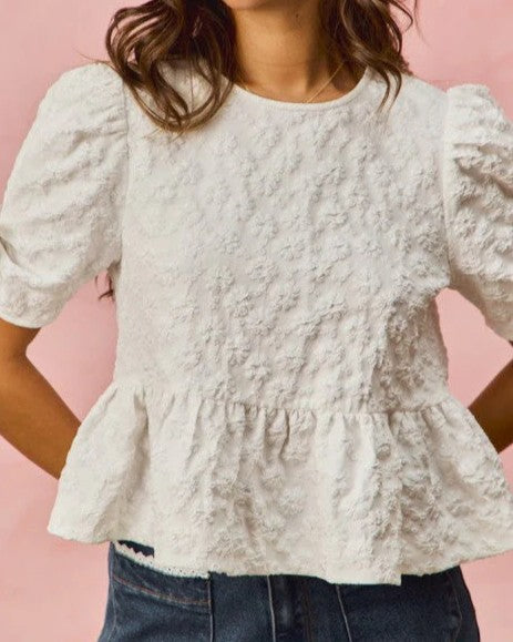 White Textured Floral Puff-Sleeve Peplum Blouse