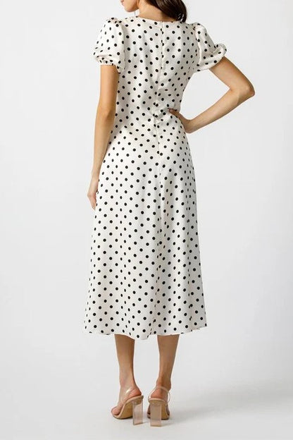 Black Polka Dot V-Neck Puff-Sleeve Midi Dress