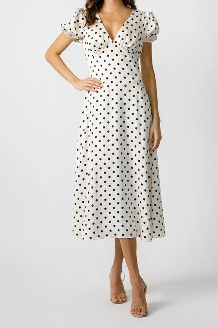 Black Polka Dot V-Neck Puff-Sleeve Midi Dress